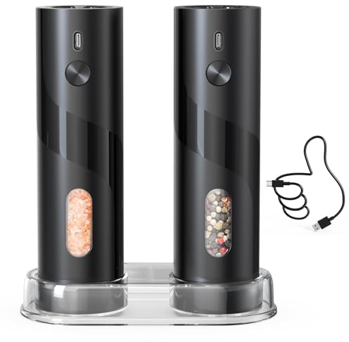 CIRCLE JOY Ensemble de Moulins à Sel et Poivre Électriques Rechargeables avec Socle de Rangement, Grossièreté Réglable, Capacité de 110ml et Lumière LED Blanche, Noir