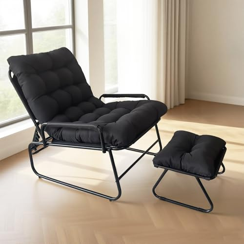 JHYCCDD Balkon Liegestuhl, Garten Liege, Relaxliege Outdoor Auflage Abnehmbar, Relaxsessel mit Hocker, Liegestühle 4-Positionen, bis150kg, Gartenliegen für Balkon, Terrasse (Schwarz)