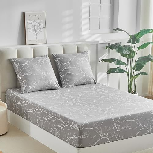 Tokokimo Sábana Ajustable 160x200 cm 2 Personas, 35CM Gran Bolsillo, con 2 Fundas de Almohada 65x65 - Sábana Ajustable Microfibra Suave con Motivo de Ramas Reversible, Gris Blanco