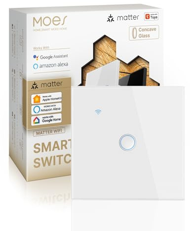 MOES Matter WLAN Lichtschalter, 1-Fach 1-Weg Touch Unterputzschalter mit konkavem Glasdesign & Ausschalt-Speicher, Kompatibel mit Apple Home/Alexa/Google Home/SmartThings, Neutralleiter erforderlich
