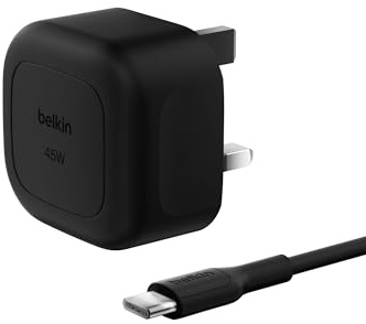 Belkin Compact Wall Charger 45W + USB-C to USB-C Cable, Fast Charging for Apple iPhone 17, iPhone Air, iPhone 16 Serie, Samsung Galaxy S25, Google Pixel, iPad, AirPods & More - Black