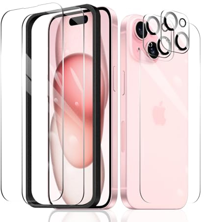 Fylnatc 2×Screen Protector for iPhone 15 + 2×Camera Lens Protector + 1×Back Tempered Glass Film + 1×Installation Frame, 9H Hardness Case Friendly HD Clear Scratchproof Impact Protection
