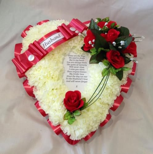 Silky Bouquets Memorial Heart-Shaped Floral Funeral Tribute with Red Roses, White Carnations and Sentimental Verse, 'Husband' Design