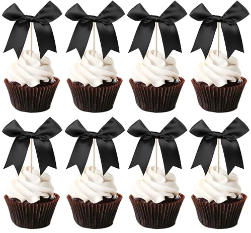 24 PCS Bow Cupcake Toppers Bowknot Cake Toppers Bow Cupcake Picks Bowknot Birthday Party Decorations Bow Cake Dessert Picks for Wedding Bridal Engagement Baby Shower Birthday Party Supplies Black