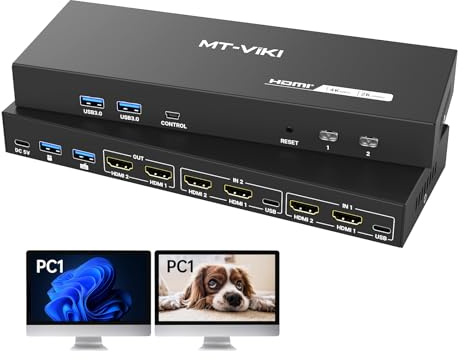 MT-VIKI HDMI KVM Switch 2 Monitors 2 Computers 4K@60Hz, USB3.0 HDMI KVM Switch Dual Monitor with 4 USB 3.0 Ports Sharing Keyboard/Mouse/Printer