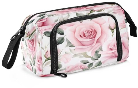 Mnsruu Federmäppchen mit rosa Blumen, großes Fassungsvermögen, Stifteetui, Schreibwaren, Büro, Organizer-Tasche für Jungen und Mädchen