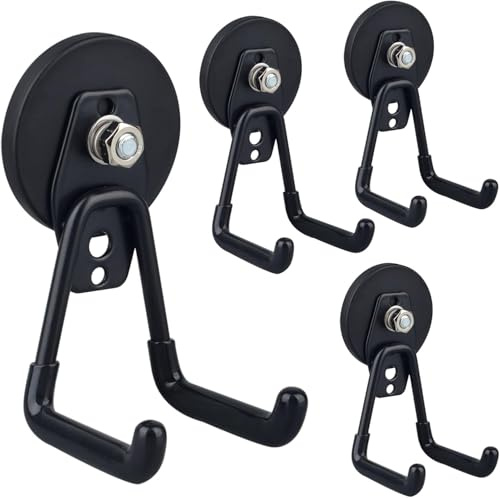 ULIBERMAGNET Magnetische Haken für die Garage, 4 Stück, magnetisch, mit rutschfester Beschichtung, zum Aufhängen im Innen- und Außenbereich, Schwarz