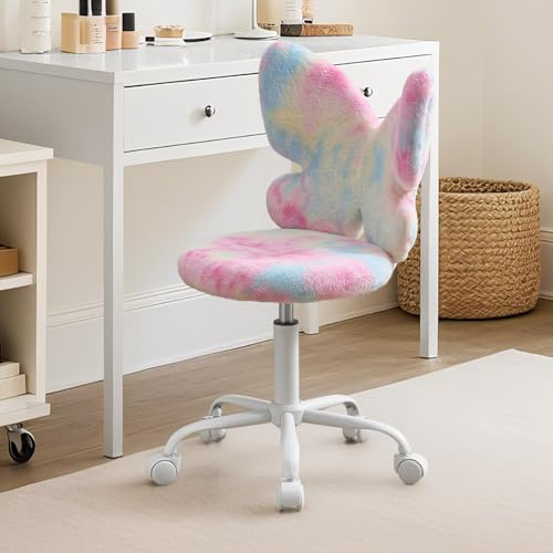 Ultrahome Kids Desk Chair with Adjustable Height,Butterfly Study Fluffly Chair with Comfortable Swivel Function for Reading,Vanity ＆ Playing (Pink)