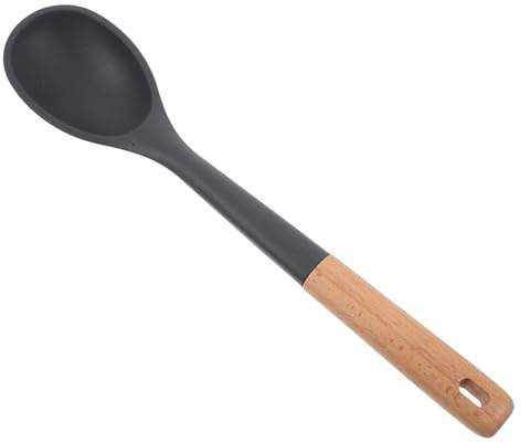 VALICLUD Large Wood Handle Silicone Cooking Spoon Heat Resistant Nonstick Stirring Ladle for Soup and Nonstick Cookware Easy Clean Seamless Design Kitchen Utensil