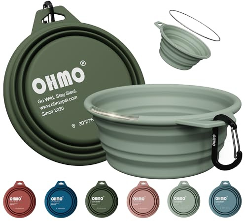 OHMO Hundskål vikbar med rostfri ring, 2 stycken 800 ml premium silikonskål för hundar och katter, robusta reseskålar för utomhus, camping, vandring