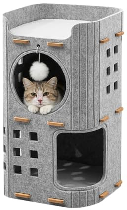 2-Stöckiges Katzenhöhle aus Filz – Katzenbett kratztonne für Katzen höhle, 60x37cm, Design mit Schutz der Katzennägel, Faltbar & Abnehmbar, Winterfest (Grau)