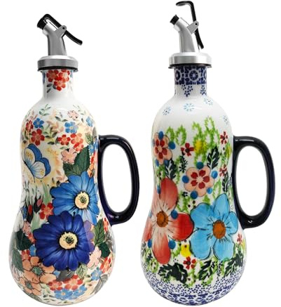 Bottiglia Olio, 2 Pezzi Oliera Decorativa in Ceramica per Olio D'oliva con Beccuccio Antigoccia 600 ml Bottiglia per Oli D'oliva Dipinta a Mano con Motivo Vivace per Oli Aceto Sciroppo di Caffè Salse
