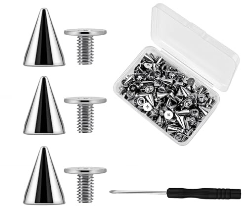 100 Stk Nieten für Kleidung, Ziernieten Set für Kleidung | Punk Spikes Studs for Clothes, Kegel Spike Nieten Silber Spitz, Metall Kegelnieten und Spikes zum Basteln Taschen Kleidung