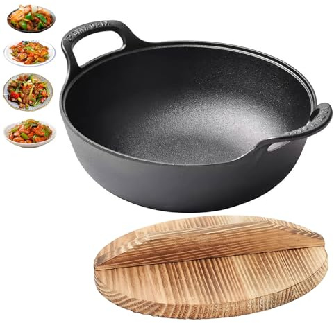 Cast Iron Wok Pan with Lid 7.9(20cm) – Small Non-Stick Stir Frying Pan, Deep Stir-Fry Pan, Traditional Chinese Cookware for Gas, Electric & Induction Hobs , High Heat Cooking –Durable & Easy to Clean