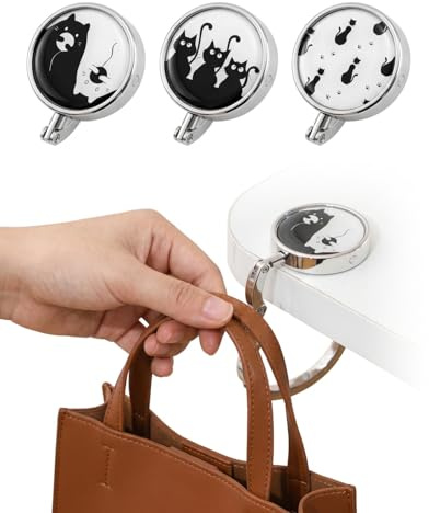 FIMWOLZ Taschenhalter für Tische 3er Set Schwarz-Weiß Katzen-Motive, faltbar & rutschfest – Handtaschenhaken für Restaurant, Büro & Zuhause, schützt vor Schmutz.