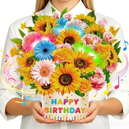 Birthday Cards with Light and Music, 3D Pop Up Birthday Gift Card for Women | 10 Inch Happy Birthday Card Sunflower Design, Bouquet Greeting Birthday Card Ideal Gift for Women Wife Mum Daughter Sister