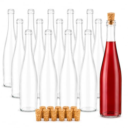 Taninea Botellas Vacías para Vino 750 ml de Vidrio Transparente – Pack 12 con Corcho Cónico – Botellas de Cristal Blancas para Licores, Aceites, Regalos y Decoración