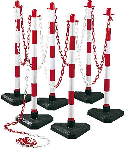 TMS PRO SHOP Kettenpfostenset UNI XL, Dreieck, 6 Stück, rot/weiß, 10 m Kette aus Kunststoff, Art.-Nr. 37226 | Kettenpfosten | Absperrpfosten | Absperrkette