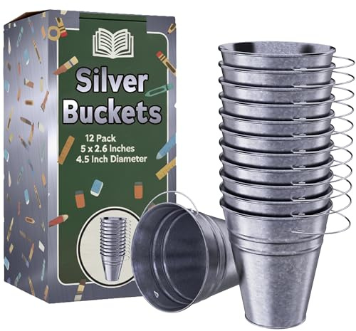 Houseables Galvanized Bucket, Small Metal Bucket, Metal Pail, Small Pail, Mini Tin Container, with Handle, Tin Cans for Crafts, Party Favor, Candy, Flower, Decorative, Silver, Little, 5 Inch, 12 Pack