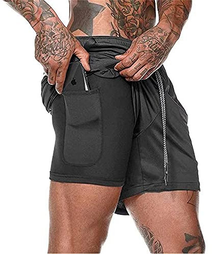 XDSP Pantalón Corto para Hombre,Pantalones Cortos Deportivos para Correr 2 en 1 con Compresión Interna y Bolsillo para Hombres (Black, L, l)