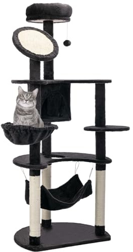 PawHut Árbol Rascador para Gatos Grande Torre 65x50x153 cm Gris Oscuro | Torre para Gatos, Centro de Actividades, Múltiples Plataforma, Poste, Hamaca, Bolas de Juguete, Cueva
