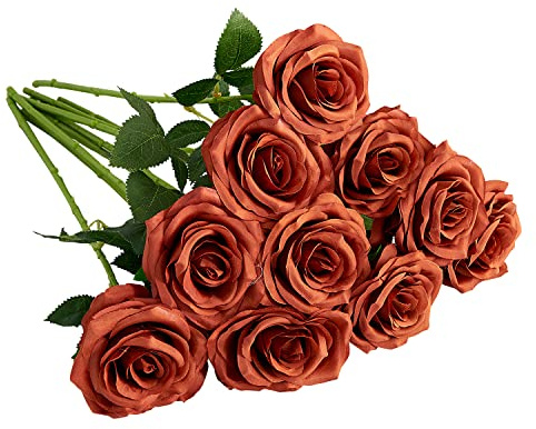 IUKnot Artificial Rose 10pcs Open Flower Bouquet Faux Rose Stems for Wedding Arrangement, Bridal Bouquet, Centerpiece, Fake Faux Silk Flowers (Burnt Orange)