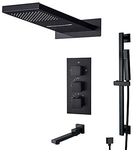 Wieoc Waterfall Rainfall Shower Faucet Thermostat Valve Mixers Wall Mounted Thermostatic Shower with Handshower Black Faucet-Matte Black B