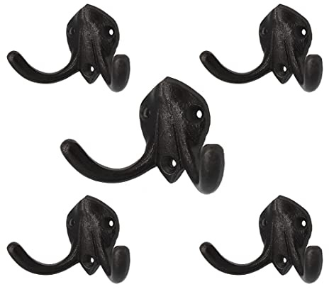 Gussmeister 5 Kleine Wandhaken Garderobenhaken Kleiderhaken mit Schrauben, Gusseisen schwarz, vintage antik doppel zweifach Haken