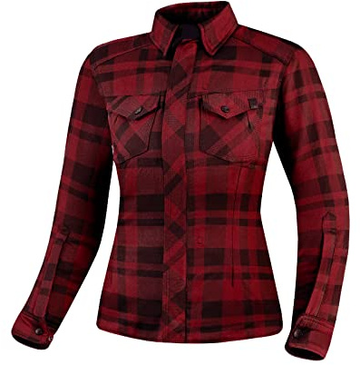 SHIMA RENEGADE LADY 2 Motorrad Hemd Damen - Verschleißfest Baumwolle Karierte Motorradjacke Damen mit CE Protektoren, FiberQL - Aramid und Kühlungsschicht, Reißverschluss (Rot, M)
