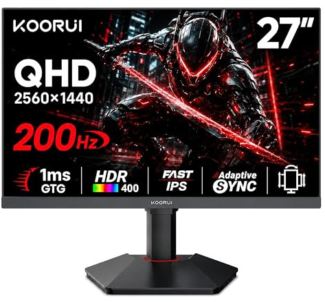 KOORUI 27 Inch QHD Gaming Monitor 144 Hz, VA, 1ms, DCI-P3 90% Color Gamut, FreeSync G-Sync Compatible, (2560x1440, HDMI, DisplayPort) Black