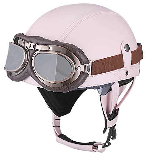 Woljay Vintage Leather Motorcycle Retro Half Helmet Men Women Adult for Scooter Bike Cruiser with Goggles and Drop Down Sun Lens (Pink, Small)