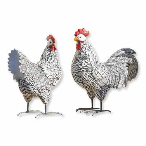 Loberon Deko-Huhn 2er Set Mannis, schwarz/weiß | handbemalt, naturgetreu gestaltet, Zwei individuelle Designs, Gartendekoration, Tierfigur, Outdoor Deko, Polyresin
