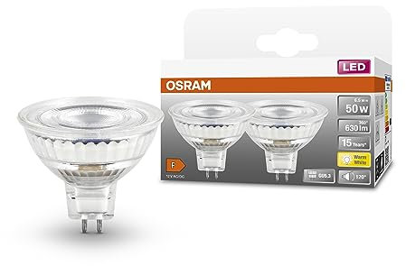 OSRAM LED SPOT MR16 GL 50 Niedervolt-LED-Reflektorlampe, Sockel GU5; 3, Doppelpack, 6,5W, 630lm, 2700K, warmweißes Licht, sehr geringer Energieverbrauch, lange Lebensdauer, keine Aufwärmzeit