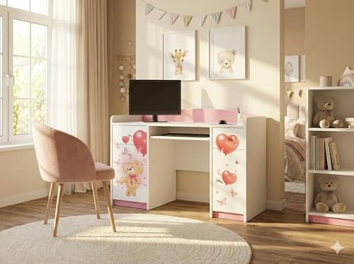 Happy Babies Schreibtisch für Kinder mit 5 Schubladen weiß Blau Kinderschreibtisch 125x89x60 Computertisch mit Tastaturablage Bürotisch für Kinderzimmer Muster Bärenjunges