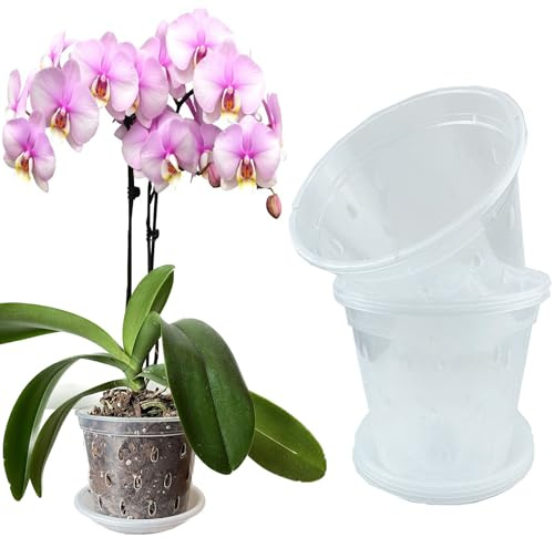 Mesoar Orchideentöpfe aus transparentem Kunststoff, mit Löchern und Untersetzern, für Pflanzen, Blumentöpfe, zum Umtopfen von Orchideen, für den Innen- und Außenbereich (4, 11 cm mit Untersetzern)