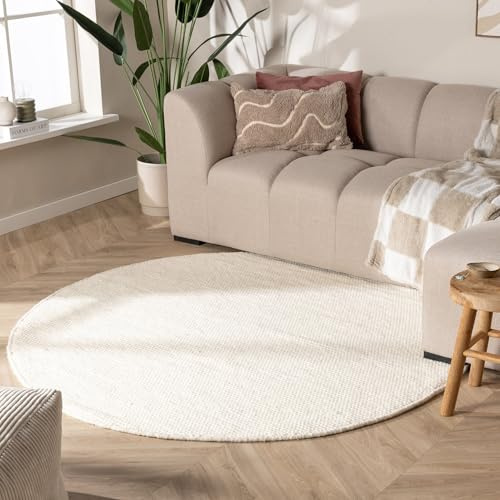 FRAAI | Home & Living Wollteppich Rund - Feline Weiß - Ø 120 cm | Wolle - Flachgewebe - Meliert, Einfarbig - Klassik, Ländlich, Modern, Skandinavisch - Wohnzimmer, Esszimmer, Schlafzimmer