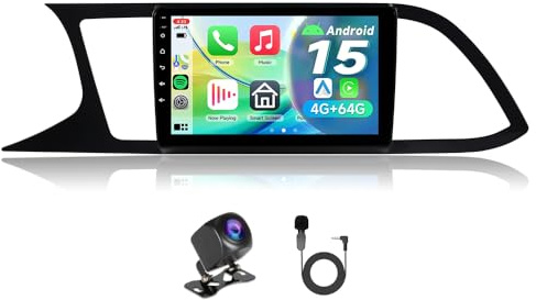 ACAVICA 4+64GB 9 Zoll Android 15 Radio für Seat Leon MK3 2013-2019 GPS Navigator Sat NAV mit Wireless Carplay Bluetooth WiFi DSP USB FM Lenkradsteuerung, Doppel Din Touchscreen, Mit Rückfahrkamera
