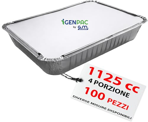 GM – 100 Contenitori Alluminio 4 Porzioni 1125 cc con 100 Coperchi in Cartoncino Alluminizzato, Vaschette Capienti Ideali per Forno, Conservazione, Gastronomia, Catering e Asporto Professionale