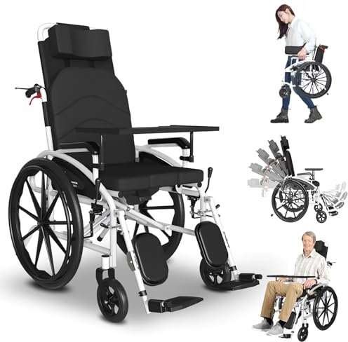 Bueuwe rollstuhl faltbar leicht, rollator schmal für wohnung, rollatoren leichtgewicht und faltbar spezial, Pflegerollstuhl mit Liegefunktion, Höhe und Tiefe einstellbar, Reiserollstuhl