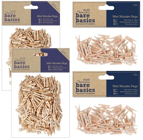 Papermania Mini mollette in legno naturale, confezione da 500 (2 confezioni da 50 e 2 confezioni da 200) per lavori con carta, decorazioni, decorazioni per la casa, matrimoni, piccoli oggetti