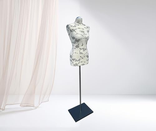 LUSORIA Schneiderpuppe, Schneiderbüste weiblich Ecru - Schwarze Blumen/schwarzer Standfuß (XXL 46/48)