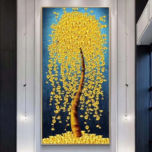 HOLEILUCK Abstraktes goldenes, reiches Baum-Geldbaum-Bild auf Leinwand, Poster, moderne Landschaft, große Wandkunst für Wohnzimmer, Heimdekoration, 75 x 152 cm, Kunstdrucke, ungerahmt