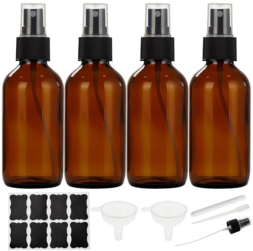 Bastelica Dark Amber Glass Spray Bottles 4 oz, Small Glass Spray Bottles for Essential Oils, Fine Mist for Face, Hair, Plants, Travel, Perfumes, Cleaning Solutions - 4 Pack