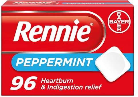 Rennie Peppermint Flavour Antacid, Heartburn and Indigestion Chewable Tablets, 1 Pack of 96 Tablets - Gets to Work in 60 Seconds for Fast and Effective Heartburn Relief