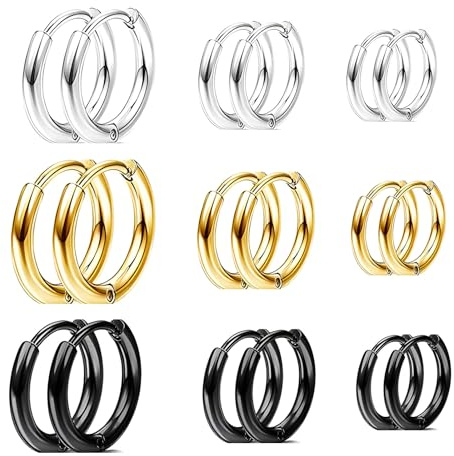 HinDaLi Ohrringe Creolen Set 9 Paar Silber Gold Schwarz Edelstahl | Für Damen, Für Herren, Für Mädchen, Klein