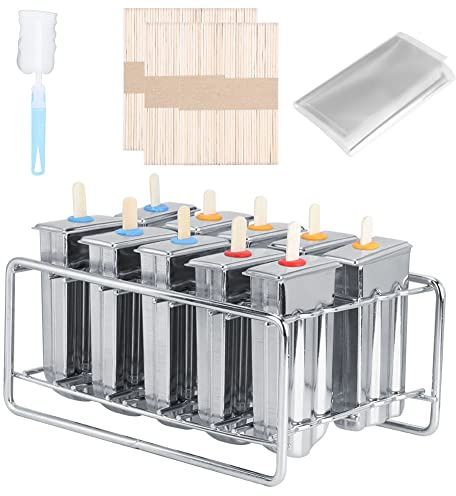 10 moldes de acero inoxidable para hacer paletas de hielo, herramienta para hacer paletas con palos, bolsas de almacenamiento, molde para helado, congelador con cepillo de limpieza para yogur,