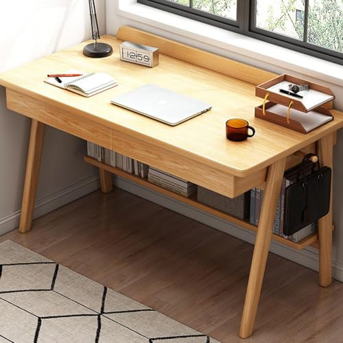 Mid Century Moderner Schreibtisch aus Massivholz mit 2 Schubladen, einfacher Computertisch für kleine Räume (99 cm Eiche)