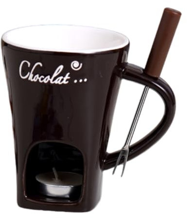ARSBORUI Schokoladen Fondue Becher, Schokoladenfondue Set, Teelicht Schokofondue Tasse aus Keramik, Kleines Fondueset für Schokolade Käse, Schokoladen Fondue Tasse mit Edelstahl Gabeln (Coffee)