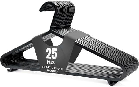 PANKTI 25pk Adult Plastic Coat Hangers, Black Colour Strong Clothes Hangers for Closet, Space Saving Hangers with Suit Pants Trouser Bar, and Strap Hooks (Black, 25 Pack)