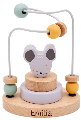 wunderwunsch Trixie Motorikschleife als Baby Geschenk, Geschenke zur Geburt, Babyspielzeug, Personalisierte Geburtstagsgeschenke, Montessori Spielzeug mit Personalierung (Maus)